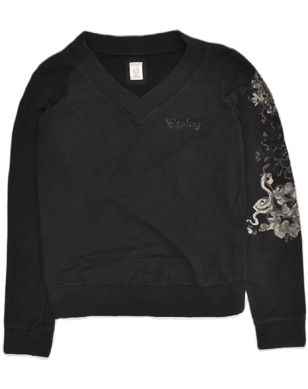 REPLAY Womens Sweatshirt Jumper UK 12 Medium Black Floral Cotton Hoodie with Hem Lace Feminine Delicate