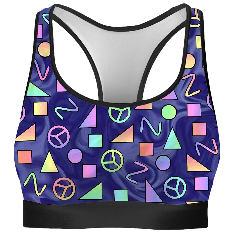 Retro Shapes Peace Symbols Blue Rave Bra Supportive Cotton Bra