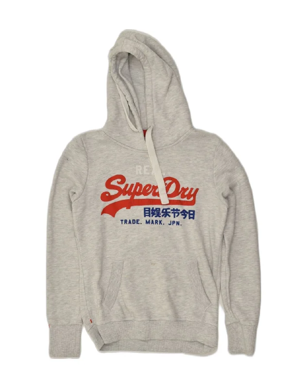 SUPERDRY Womens Graphic Hoodie Jumper UK 10 Small Grey Cotton Hoodie with Lace Feminine Delicate