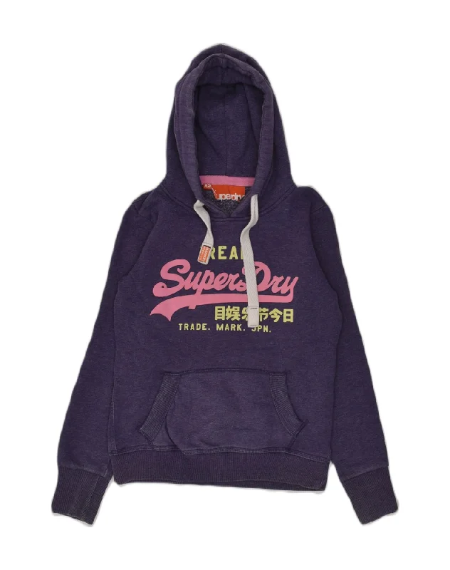 SUPERDRY Womens Graphic Hoodie Jumper UK 6 XS Purple Cotton Hoodie with Hem Drawcord Adjustable Customizable