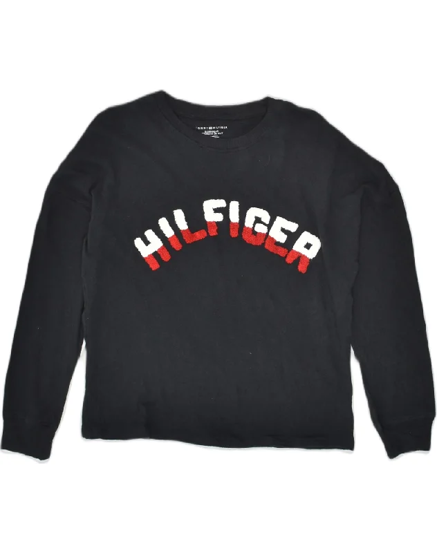 TOMMY HILFIGER Womens Graphic Sweatshirt Jumper UK 10 Small Black Cotton Hoodie with High-Low Hem Asymmetrical Trendy