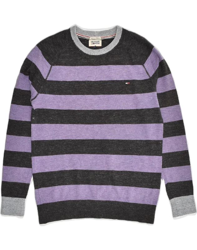 TOMMY HILFIGER Womens Sweatshirt Jumper UK 12 Medium Purple Striped Hoodie with Cuffed Sleeves Snug Secure