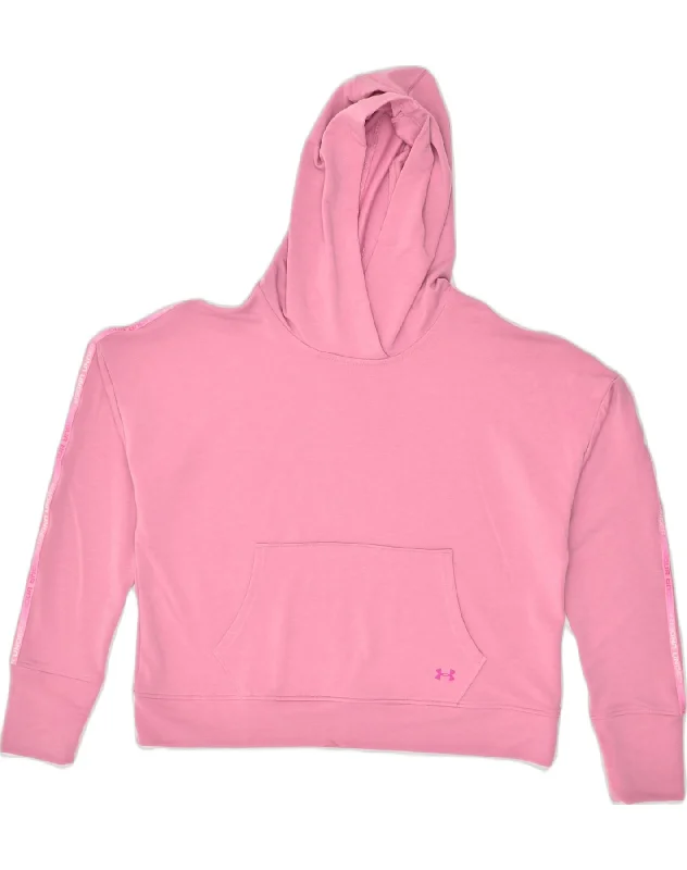 UNDER ARMOUR Womens Oversized Hoodie Jumper UK 16 Large Pink Polyester Hoodie with Ribbed Hem Stretchable Secure