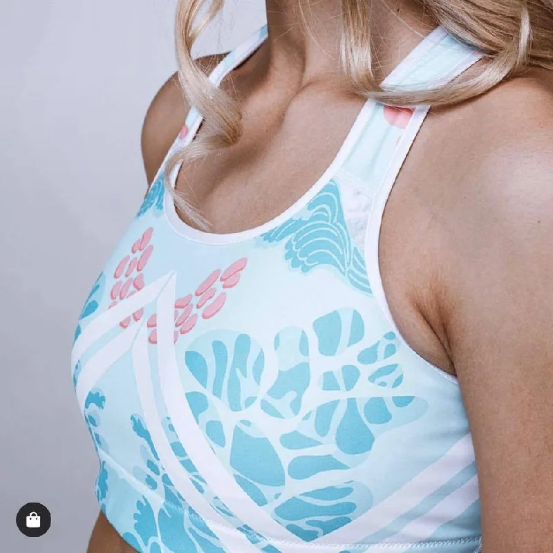 Floral Swan Sporty Fitness Bra, Light Blue Women's Padded Gym Sports Bra- Made in USA/ EU Elegant Lace Bralette