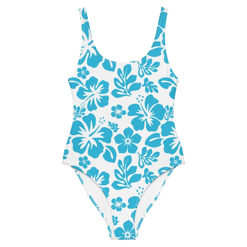 Aqua Blue Hawaiian Flowers on White One-Piece Swimsuit Summer Ready Swimsuit