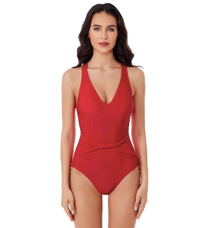 BCA by Rebecca Virtue Women's Twist Waist Belt One Piece Swimsuit Red Trendy Swimsuit Bottoms