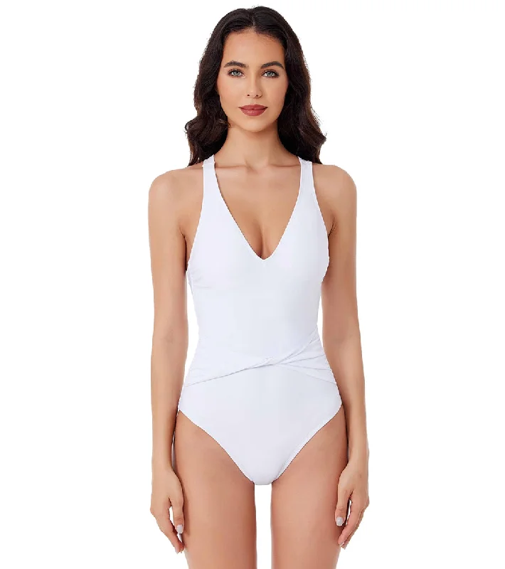 BCA by Rebecca Virtue Women's Twist Waist Belt One Piece Swimsuit White Plunge Neckline Swimsuit