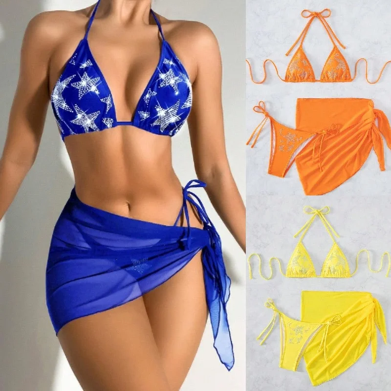 Bikini Swimsuit New Sexy Rhinestone Gauze Skirt Three-piece Suit Split Shiny One-Piece Swimsuit