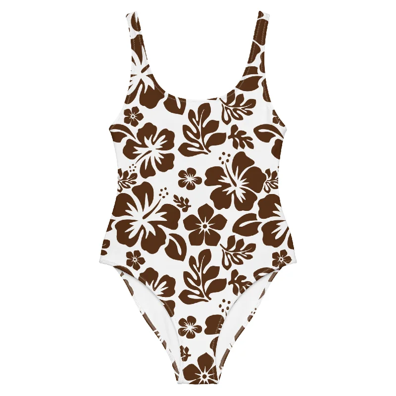 Brown Hawaiian Flowers on White One-Piece Swimsuit Sleek Full Coverage