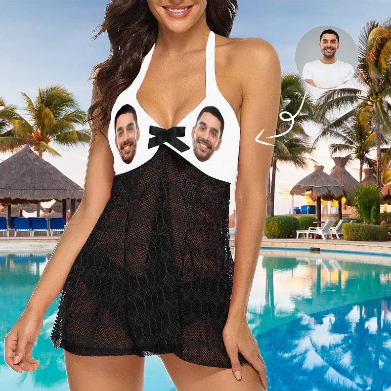 Custom Face White Swimsuit Personalized Beach Cover Up Bikini Beachwear Bathing Suit Beach Dress Women's Swimming Dress Stylish Beachwear Set