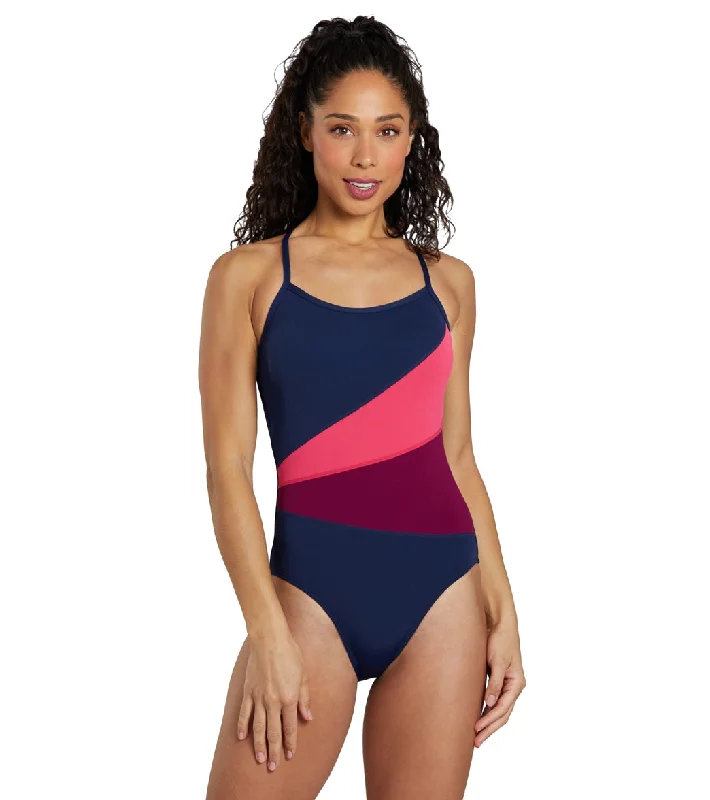 Dolfin Women's Aquashape Color Block Moderate One Piece Swimsuit Navy/Cabernet Plunge Neckline Swimsuit