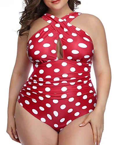 Backless Front Cross Plus Size Swimsuits For Women-Red Dot Plus-Size Bikini Set