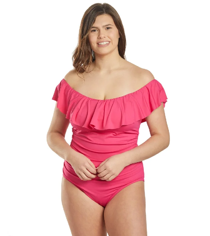 La Blanca Plus Size Island Goddess Off Shoulder Ruffle One Piece Swimsuit Pink Strapless Swimsuit Top