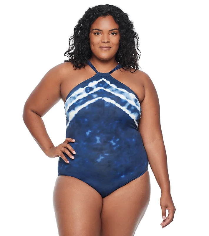 Lauren Ralph Lauren Women's Plus Size Shoreline Stripe High Neck One Piece Swimsuit Fun Pattern Swimsuit