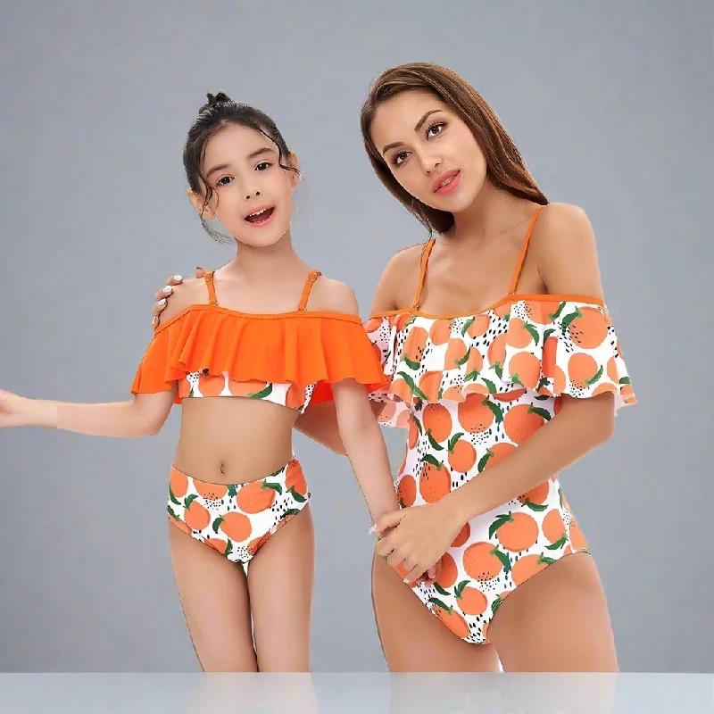 Matching Mommy & Me Orange Print Swimsuit Retro Swimwear Style