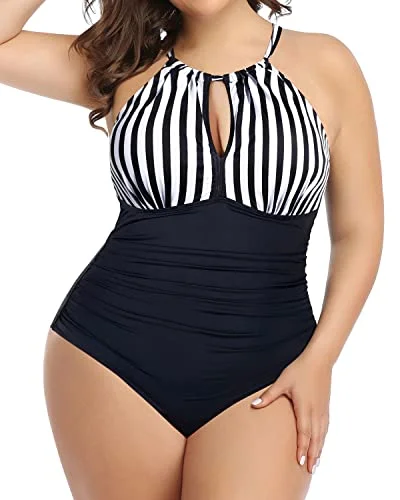 Chic High Neck Plunge Swimsuit Mesh Cutouts For Plus Size Women-Black And White Stripe Comfortable Swim Shorts