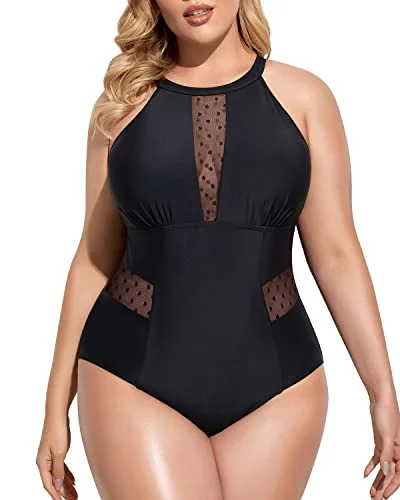 Plus Size High Neck Plunge Mesh Cut Out One Piece Swimsuit for Women Full Coverage Swimsuit