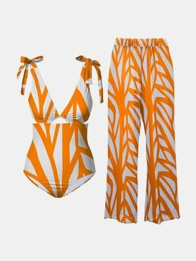 Printed Tie Shoulder Swimwear and Pants Swim Set Mesh Swimsuit Top