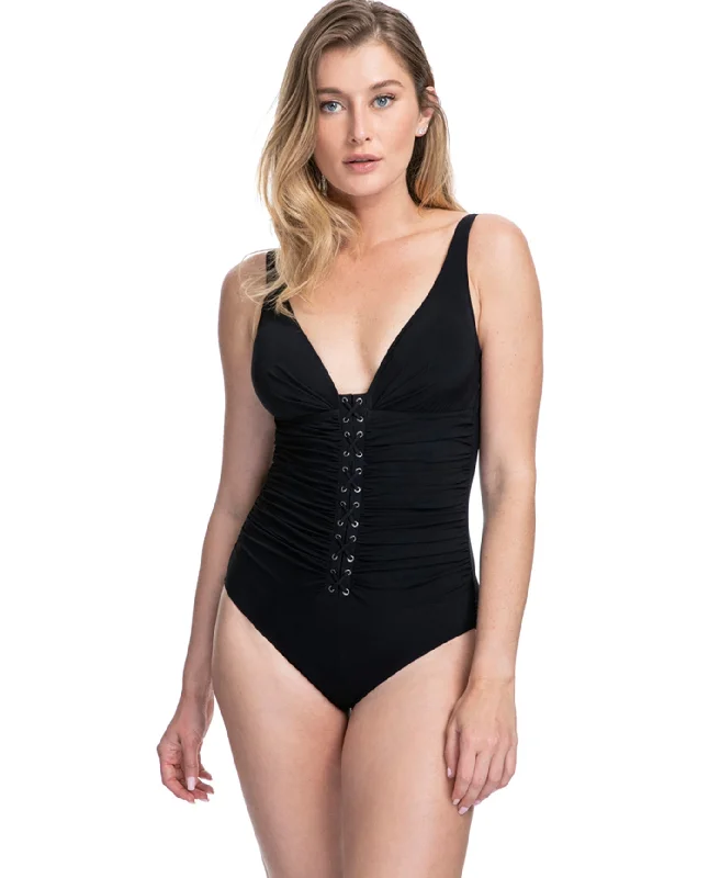 Profile By Gottex Moto Black D-Cup Lace Up V-Neck Plunge Shirred One Piece Swimsuit Full Coverage Swimsuit