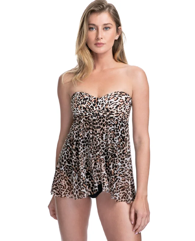 Profile By Gottex Wild Thing Leopard Black Twist Front Bandeau Strapless Flyaway One Piece Swimsuit Shiny One-Piece Swimsuit