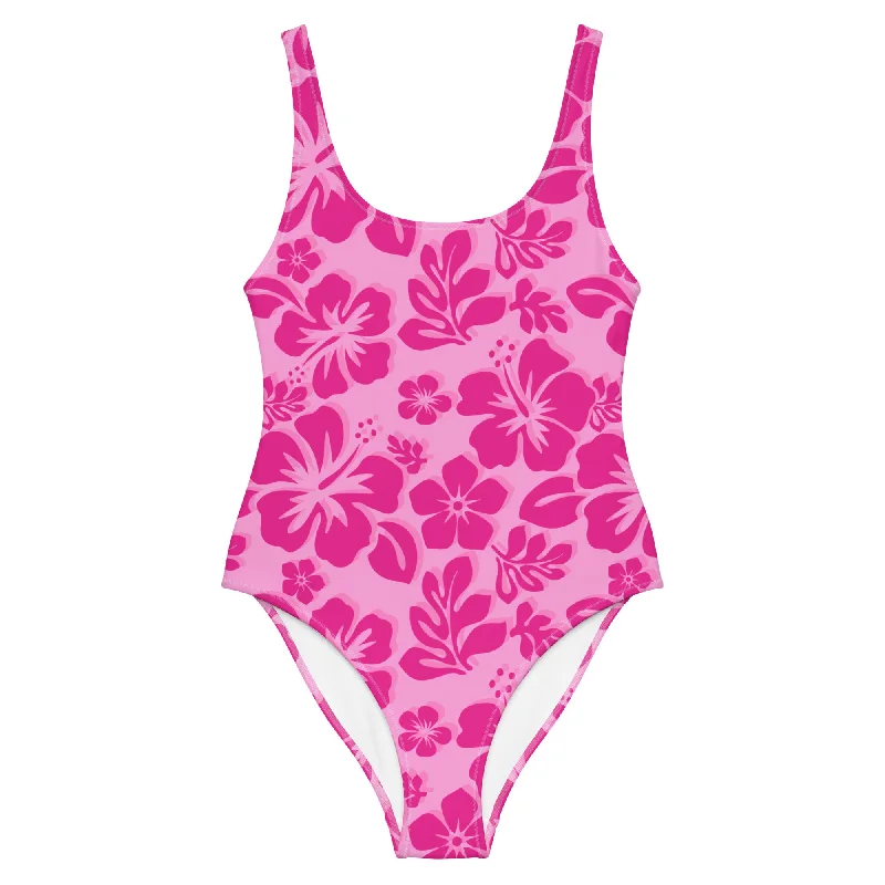 Raspberry Pinks Hawaiian Flowers One Piece Swimsuit Plunge Back Swimsuit