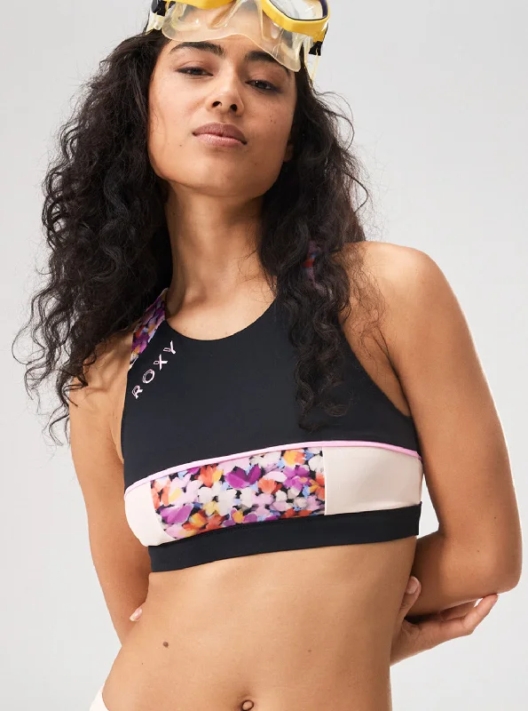 Roxy Active Crop Bikini Top - Anthracite Swim Blooms Crisscross Back Swimsuit