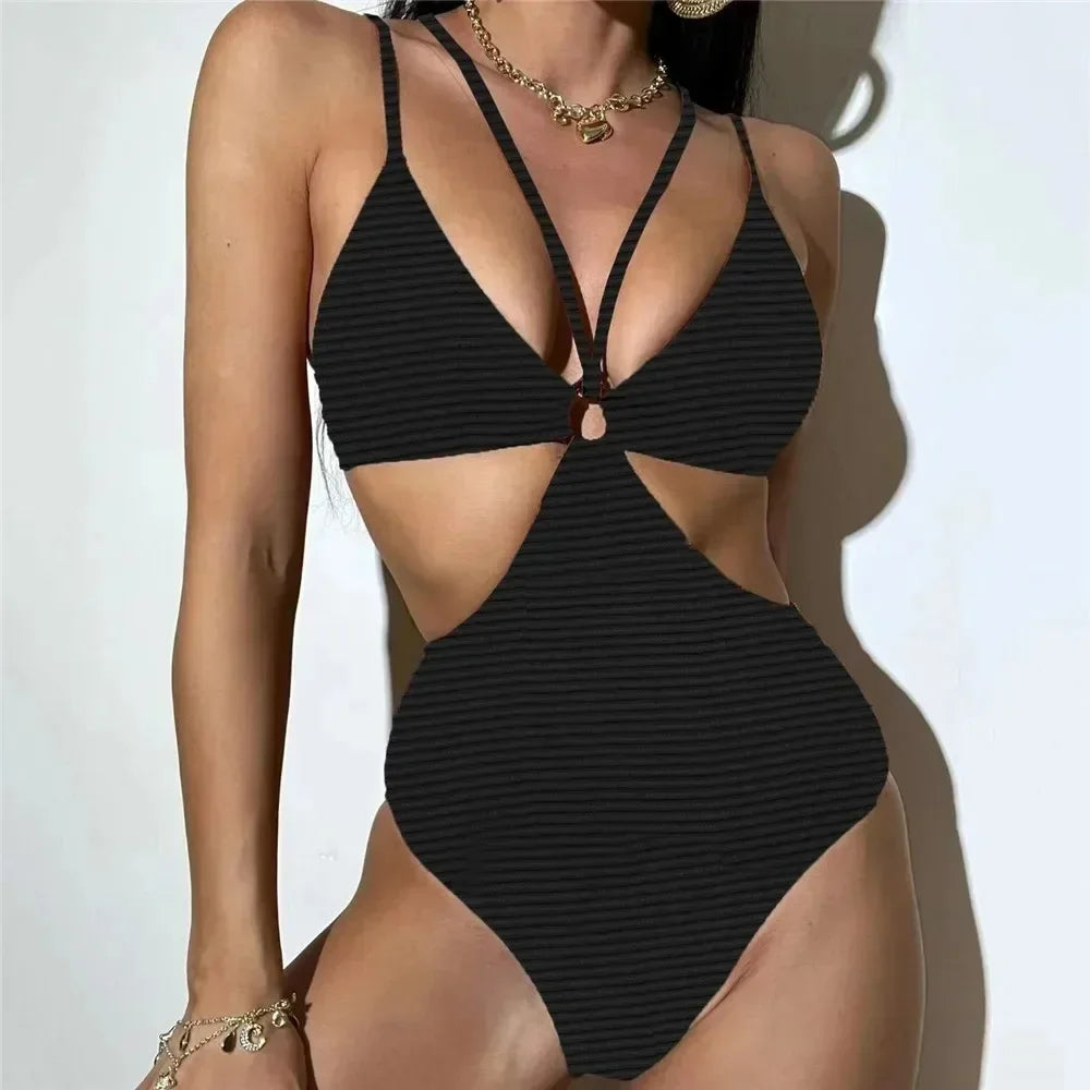 Sexy Ribbed Swimwear Woman 2024 One Piece Cut Out Monokini String Bathing Swimming Wear Summer Swimsuit Strap Bikini Set