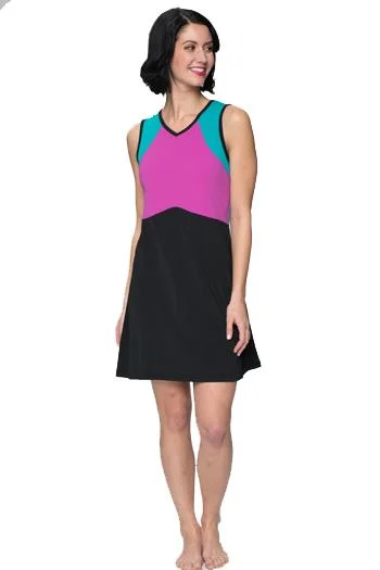 Sleeveless Colorblock Swim n' Tennis Dress & Cover Up - Chlorine Proof Push-Up Swimsuit Top