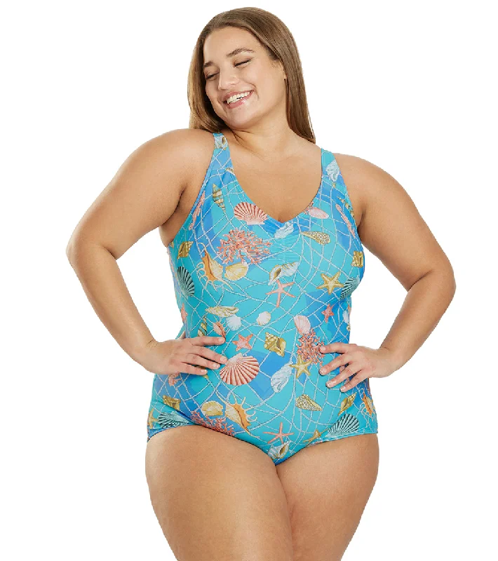 Sporti Plus Size Caribbean Sea Conservative Printed Girl Leg One Piece Swimsuit Caribbean Sea Elegant Swimsuit Bottoms