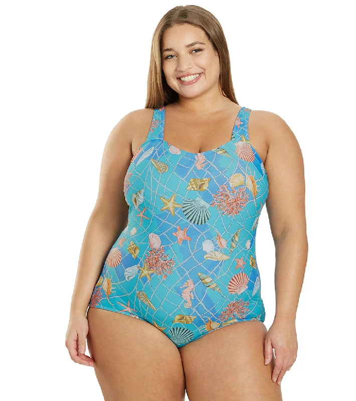 Sporti Plus Size Caribbean Sea Moderate Printed Sweetheart One Piece Swimsuit Caribbean Sea Vibrant Bikini Design