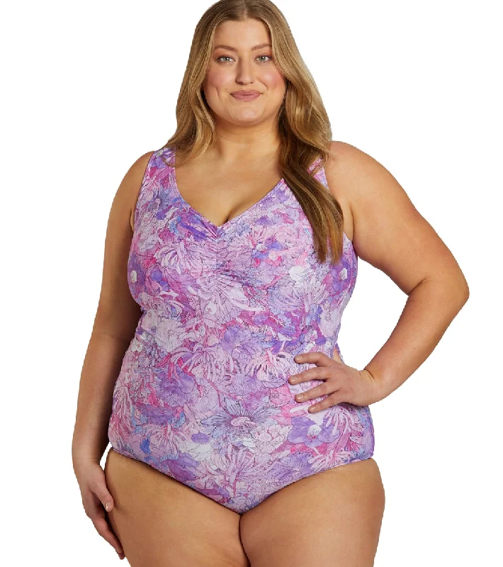 Sporti Plus Size Jungle Floral Conservative Printed Girl Leg One Piece Swimsuit Violet Classic Two-Piece Bikini