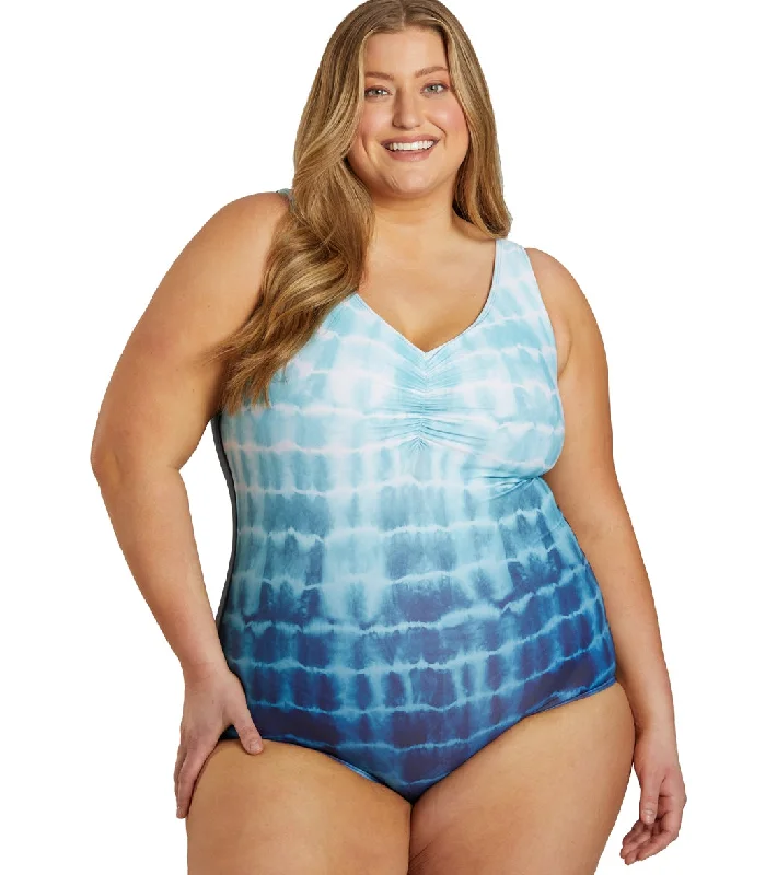 Sporti Plus Size Shibori Conservative Printed Ombre Girl Leg One Piece Swimsuit Sea Foam Fun Pattern Swimsuit