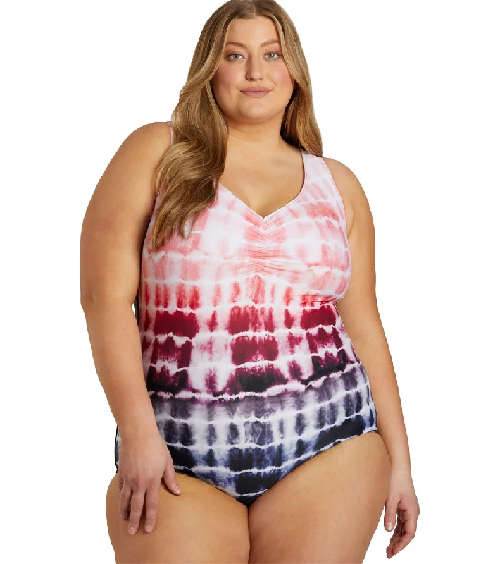 Sporti Plus Size Shibori Conservative Printed Ombre Girl Leg One Piece Swimsuit Watermelon Lace-Detail Bikini Set