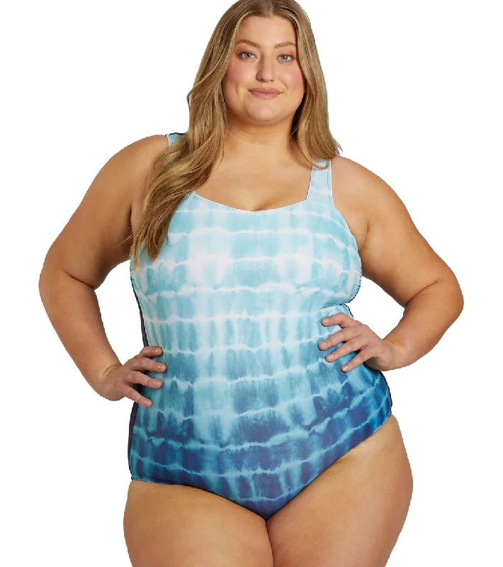 Sporti Plus Size Shibori Moderate Printed Ombre Sweetheart One Piece Swimsuit Sea Foam Sexy Monokini Swimsuit