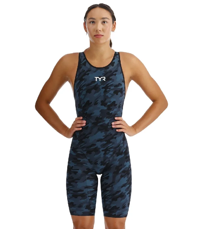 TYR Women's Venzo Camo Closed Back Tech Suit Swimsuit Deep Teal V-Neck Swim Dress