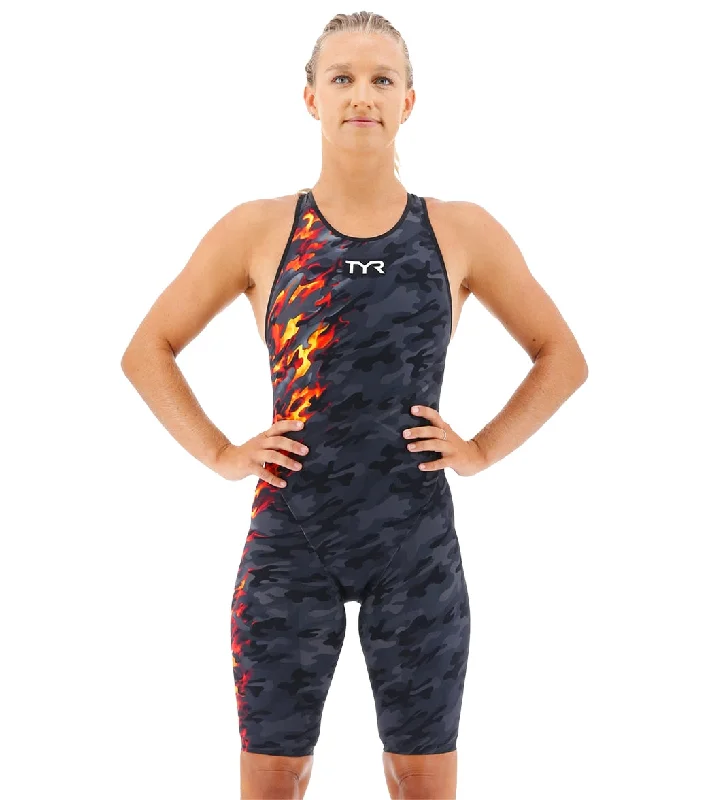 TYR Women's Venzo Camo Closed Back Tech Suit Swimsuit Fire Camo Elegant Ruffled Bikini