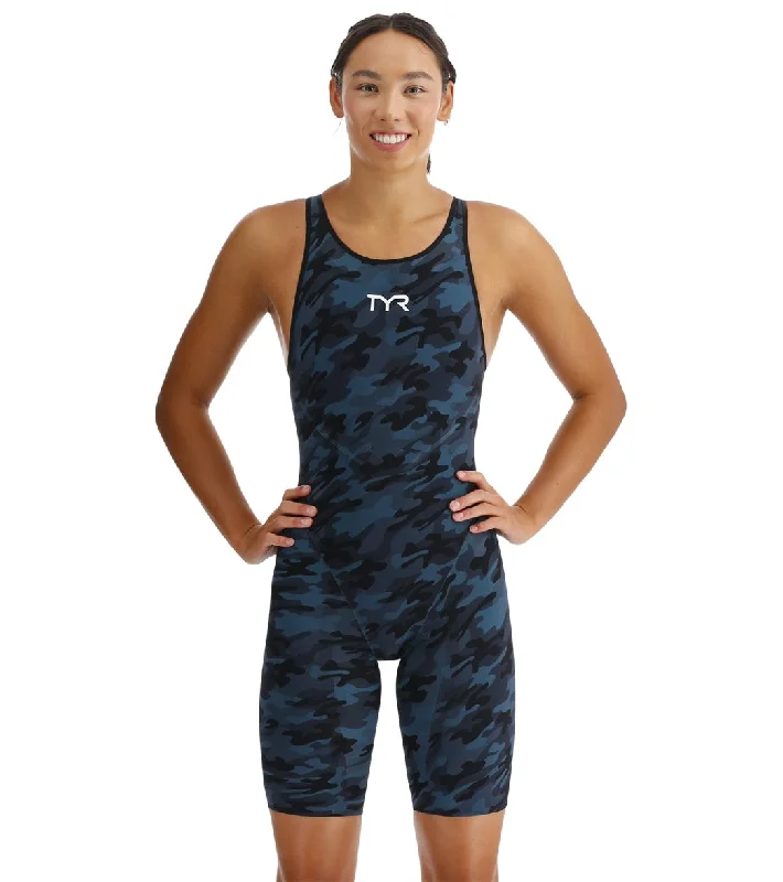 TYR Women's Venzo Camo Open Back Tech Suit Swimsuit Deep Teal Sleek Racerback Swimsuit