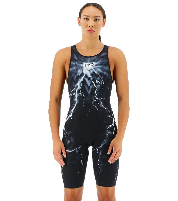 TYR Women's Venzo Phantom Oblivion Open Back Kneeskin Tech Suit Swimsuit Elegant Ruffle Swimsuit