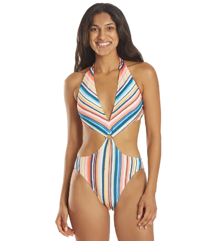 Vince Camuto Women's Multi Stripe Ring Monokini One Piece Swimsuit Multi Colored Elegant Swim Dress