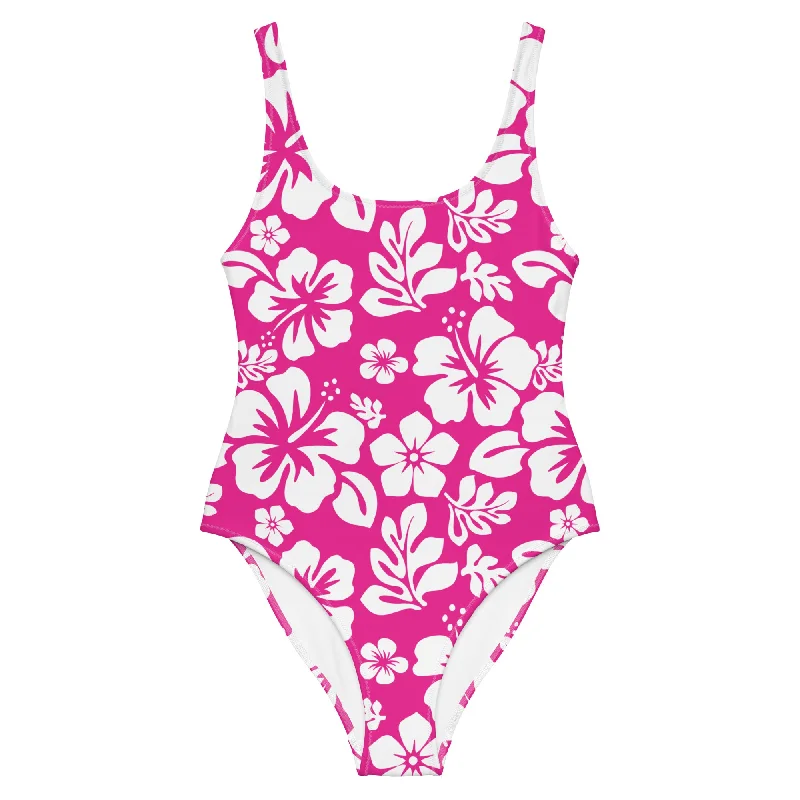 White and Hot Pink Hawaiian Flowers One-Piece Swimsuit High-Waist Bikini Set