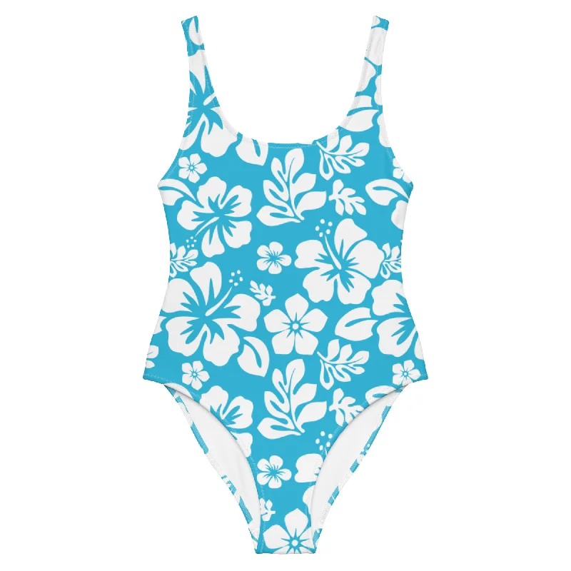 White Hawaiian Flowers on Aqua Blue One-Piece Swimsuit Comfortable Swim Dress