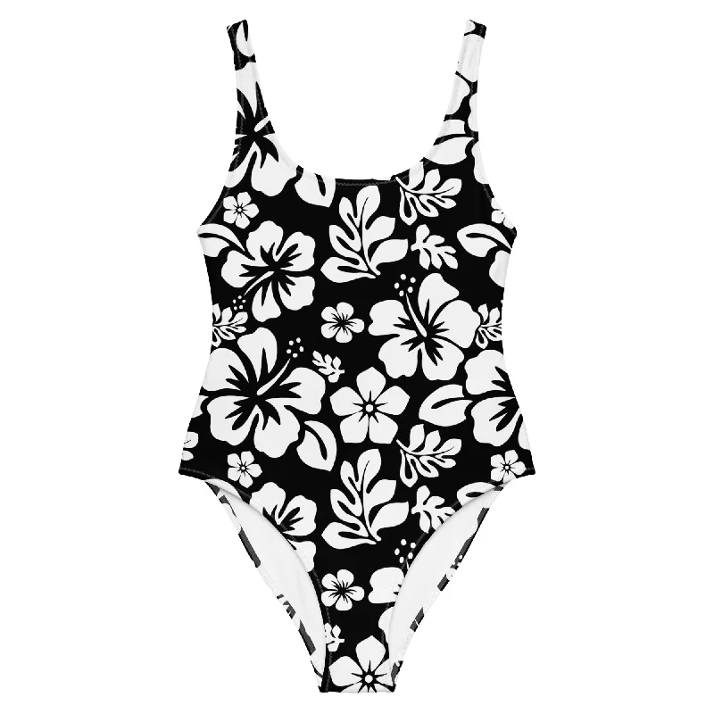 White Hawaiian Flowers on Black One-Piece Swimsuit Bold Color Swimsuit