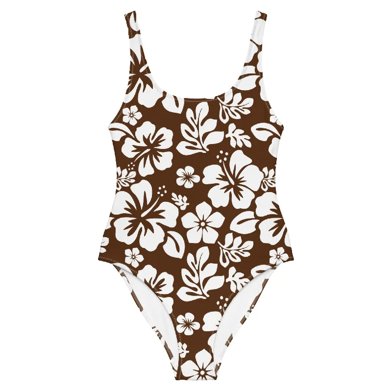 White Hawaiian Flowers on Brown One-Piece Swimsuit Tie-Back Swimwear