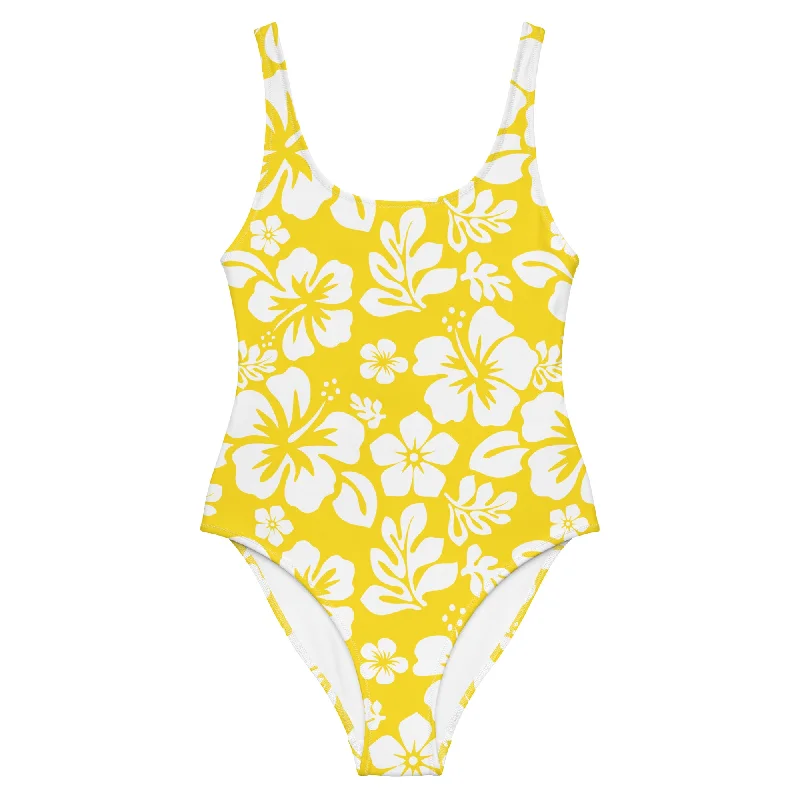 White Hawaiian Flowers on Yellow One-Piece Swimsuit Adjustable Bikini Bottoms