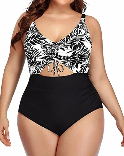 Tummy Control Plus Size Swimsuit Ruched Bottom-Black Leaves Stylish Beachwear Set