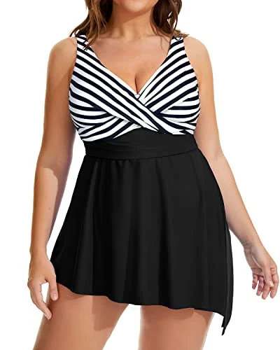 Stylish Asymmetrical Hemline Plus Size Swim Dress For Women-Black And White Stripe Timeless Black Bikini