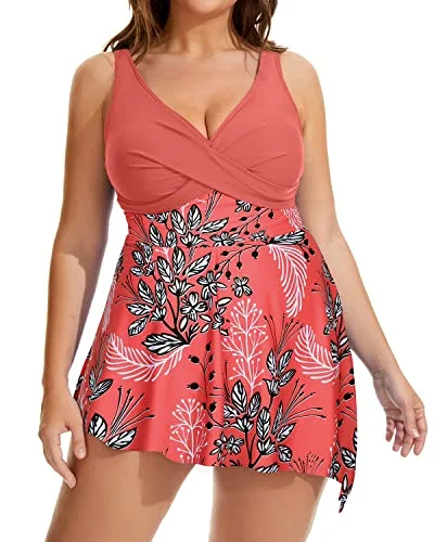 Flowy Plus Size One Piece Swimdress For Women Beach Cover Up Dresses-Red Floral Elegant Swim Dress