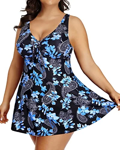 Adjustable Tie-Knot Tankini Swim Dress Boyshorts For Curvy Women-Black Floral Elegant Swim Dress