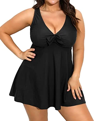 Flowy Plus Size Swim Dress Tummy Control Boyshorts-Black Trendy Swimsuit Bottoms