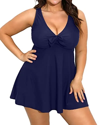 Shaping Plus Size Swim Dress Tummy Control Bottoms-Navy Blue Adjustable Strap Swimsuit